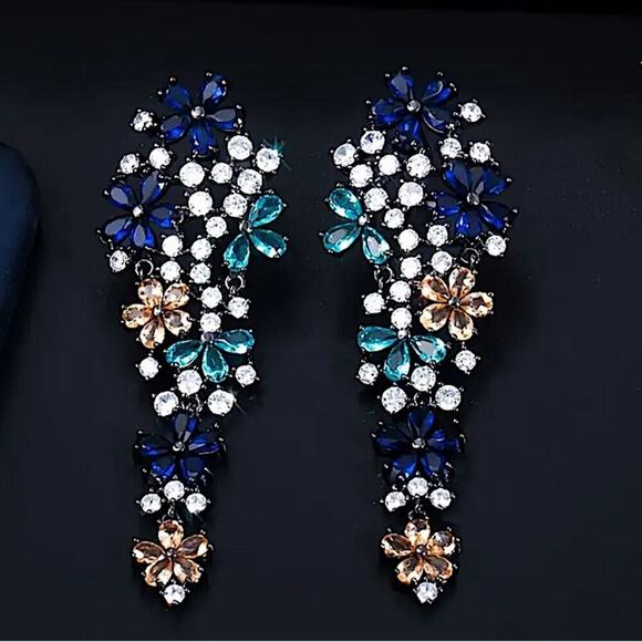 Blue Sapphire, Citrine, Aquamarine Gemstone Dangle Cubic Zirconia Earrings - Picture 3 of 6